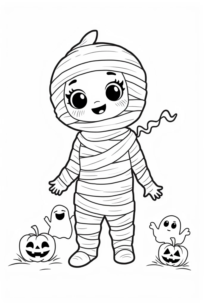 Cute and Kawaii Halloween horror mummys coloring Page, simple for toddlers, bold and easy, black boldlines, White background, for a coloring book black and white, line art, only outlines, but the design is simple and bold, no greyscale