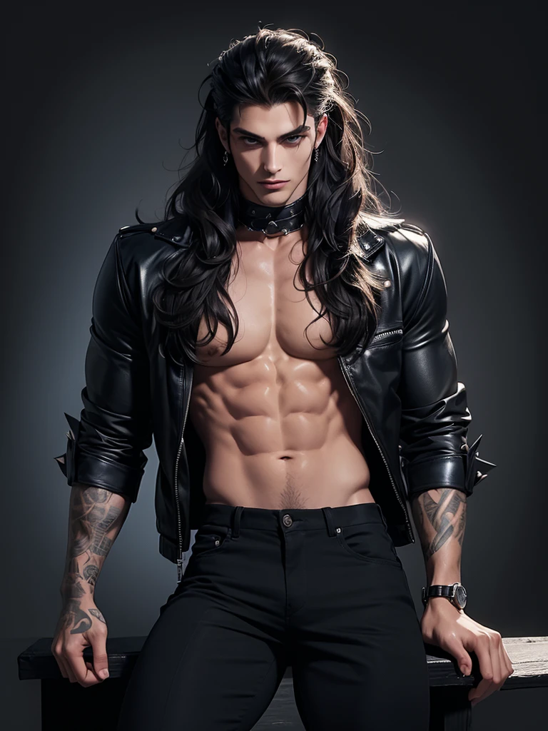 ((Best quality)), ((masterpiece)), (detailing), ((perfect face)), ((half of the body)) Perfect proportions, he's a bad guy, 28 years old, he has disheveled curly chocolate long hair, blue eyes, cool, he's sexy, he has a lot of piercings, he is dressed in black leather, he has tattoos on his arms, he wears tight trousers and army boots, he wears accessories with spikes, he is against the background of a night city ((perfect face)) full-length+, disheveled curly chocolate long hair, tall, sporty, athletic, handsome.