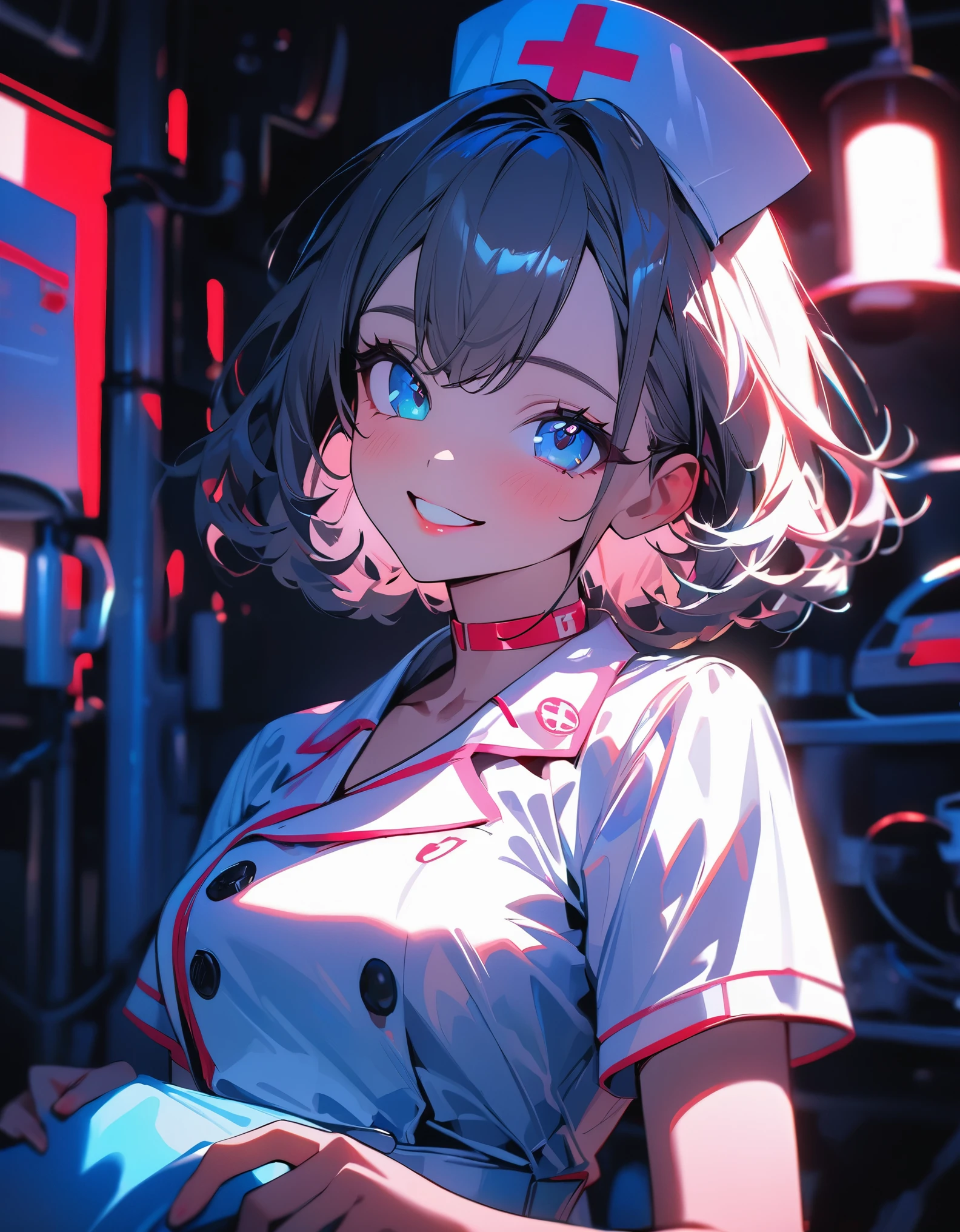 (highest quality:1.2, Very detailed, Latest, Vibrant, 超High resolution, High Contrast, masterpiece:1.2, highest quality, Best aesthetics), (((1 girl))), Beautiful nurse, Cute smiling nurse, Carefully drawn medical equipment, Medical Uniforms, Professionalism, Bright colors, Soft lighting, Expressive eyes, Detailed lips, Long eyelashes, original, Pleasant atmosphere, confidence, Focus on the nurse's face, Positive Energy, Calm background, Nurturing presence, High resolution, Sharp focus.