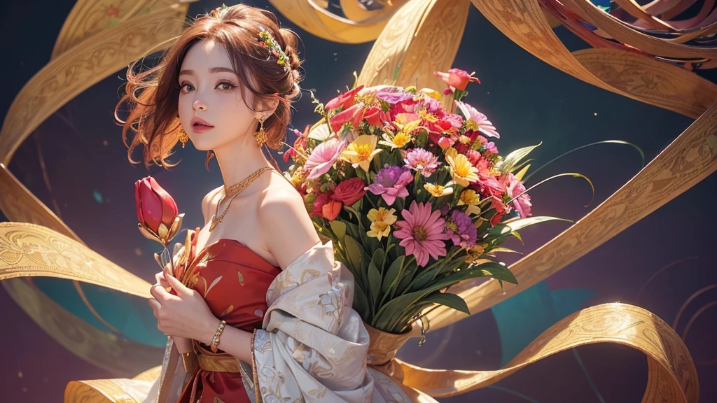 32K, 最高quality, 最高masterpiece, (ultra-Detailed Background, Detailed Background), High resolution, Super detailed, Very detailedな, 1 personの, (bouquet:1.3), (Tangled:1.2), (Geometric:1.2),(colorful),(masterpiece, quality, best quality, Official Art, Beautiful and beautiful:1.2), (1 person:1.3), Very detailed,(colorful:1.1)(Flowers:1.3),Most detailed,(Tangled:1.2), whole body, (Abstract background:1.3), (Skin glows), (Many colors:1.4), ,(Earrings Jewelry:1.5), Pale Red Background, It's imaginative., Milk tea colored hair, Updo,