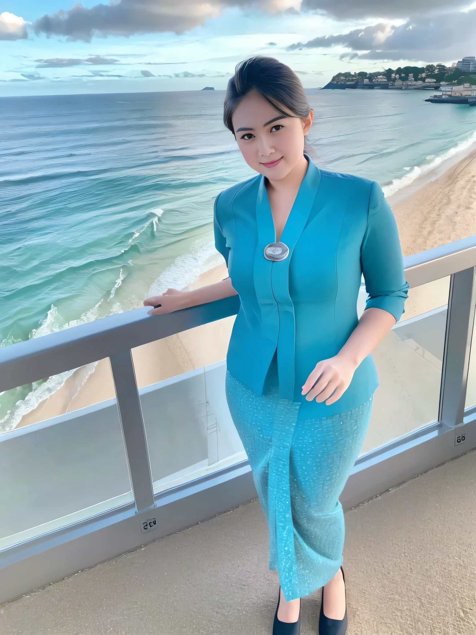 1girl, solo, standing, at the beach, beautifully ocean scenery, cute little smirk, detailed eyes, thick medium breasts, smooth realistic skin, wearing flight attendant uniform, looking at the audience, (Overhead shot:1.3), (zoom out:1.4), (8k, RAW photo, best quality, masterpiece: 1.2), (realistic, realistic: 1.37), ultra-high resolution
