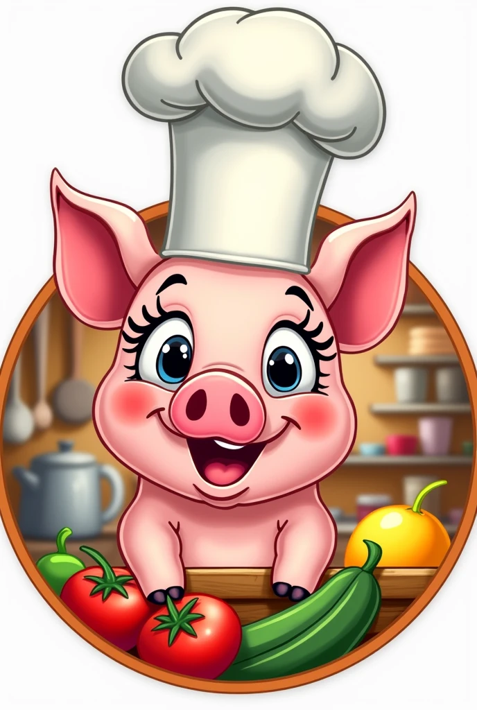 Cartoon logo, pig with eyelashes and chef hat
