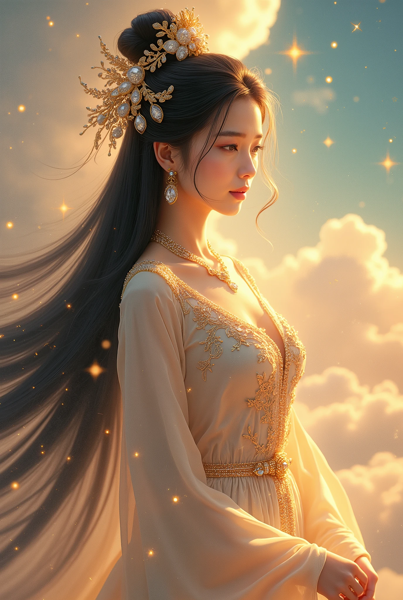 super detailed, realistic, vietnamese goddess, gorgeous detailed eyes, gorgeous detailed lips, shiny black hair, big and beautiful breasts, sparkling ornaments, mysterious aura, sublime beauty, elegant posture, divine light, powerful presence, Surrounding Heaven, bright colors, fairy-tale atmosphere, brilliance, calm expression, transcendent energy, supreme being, legendary figure, queen of heaven, spiritual empowerment, liberated god, Great Goddess, Divine Feminine, unparalleled elegance, Majestic presence, captivating gaze, magical atmosphere, peaceful tranquility, Inspiring brilliance, God's grace, majestic power, eternal silence, Magical amulet, Goddess of Heaven, enchanting beauty, sublime perfection, dreamy atmosphere, enchanting beauty, heavenly divinity