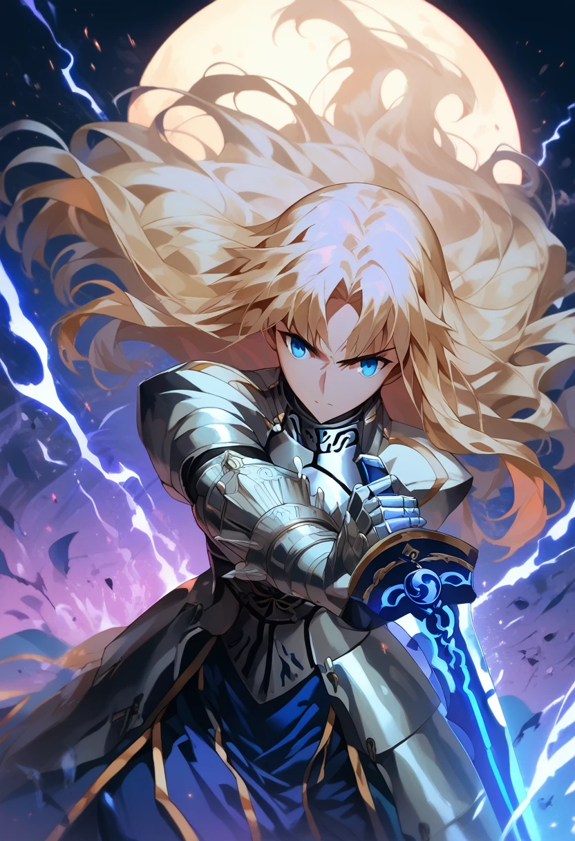 masterpiece, best quality, highres, fate grand order,fgo,アニメ, wide angle, from above, 1girl, blonde hair, long hair, multicolored hair, Blue eyes, jewelry, silver armor, Blue Skirt, cowboy shot,Excalibur,silver Gauntlet,midnight,moon,japanese temple