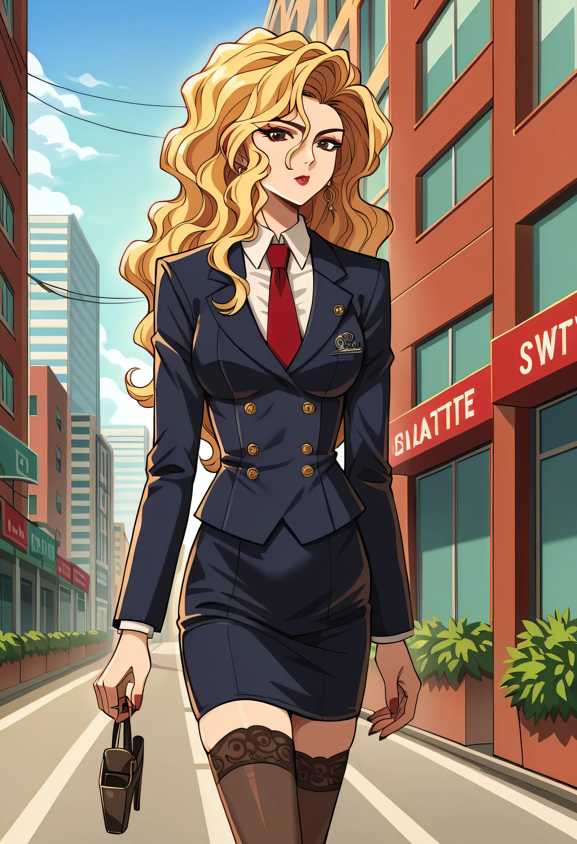 source_anime,  cowboy shot, close-up, 1girl, solo, standing, Madame P, blonde hair, long hair, wavy hair, brown eyes, lipstick, makeup,  skirt suit, three-piece suit, necktie, blazer, waistcoat, double-breasted waistcoat, bodycon pencil skirt, stockings, high heels,earring, red nails, nail polish,
city background, streets, buildings, sky. outdoors, daytime,
 looking at viewer, ecchi, nsfw, uncesored