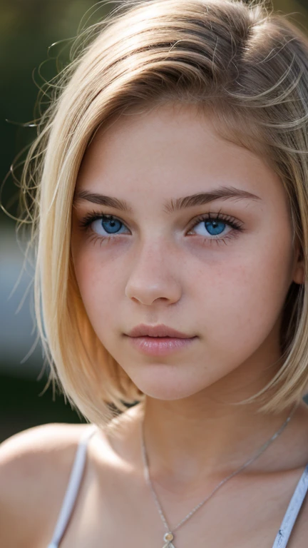 ((Ultra Detail)), Beautiful Art, (((18 yo blonde girl . Full lips. Eyes wide))). ((Very short hair)), high details, best quality, high school uniform, micro bikini