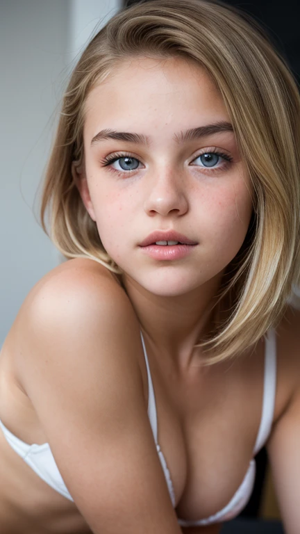 Symmetrical, High Detail RAW Color Photo Professional Photo, [:( High Detail Face: 1.2): 0.1], (lora:PJ DH), pores, real skin, breast focus, shining eyes, looking at the audience, lens flare, shadow, bloom, natural lighting, hard focus, film grain, photographed with a Sony a9 II Mirrorless Camera, portrait chloe grace moretz, thick neck, 18 year old female model, 18 years old, 18 years old, profile image,  realistic, post-processing, maximum detail, beautiful thin blonde , sit, posing at home, big breasts