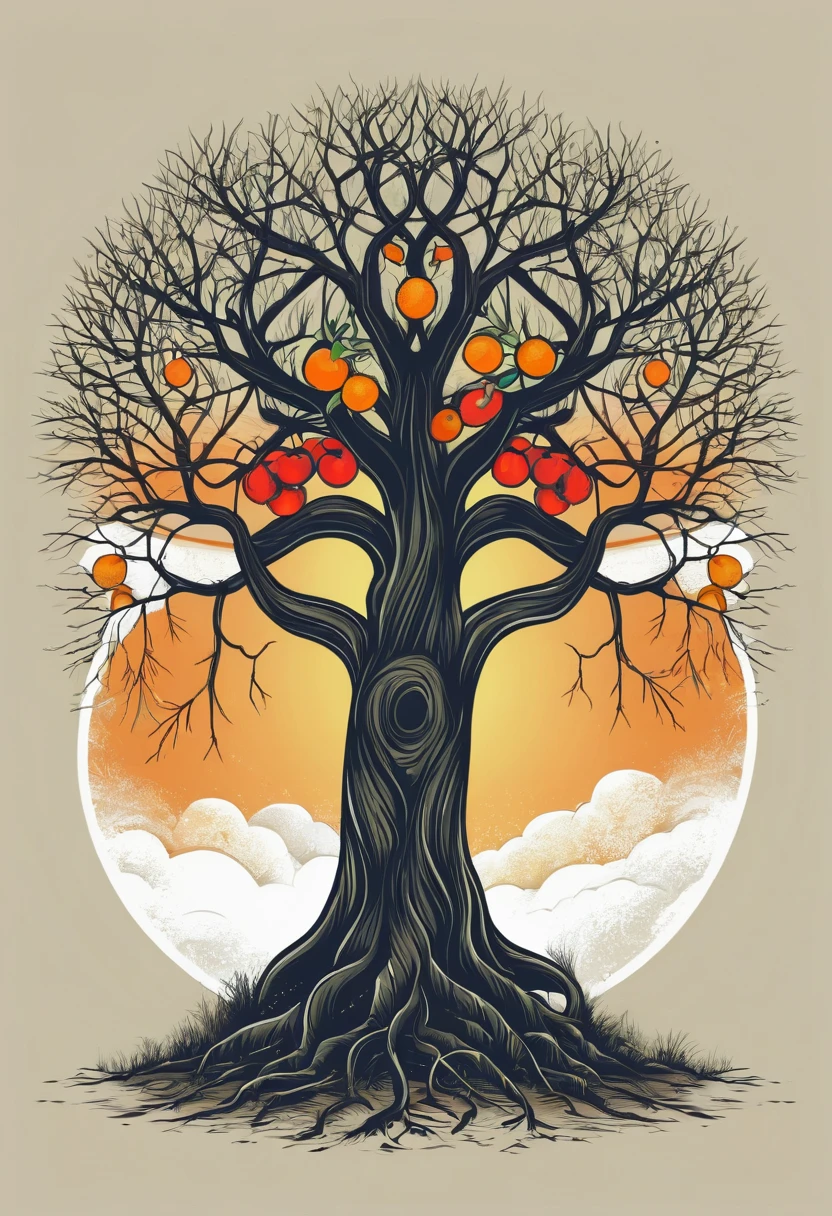 Trunk of a tree and branches without leaves and without fruits, T-shirt design, rzminjourney, vector art
