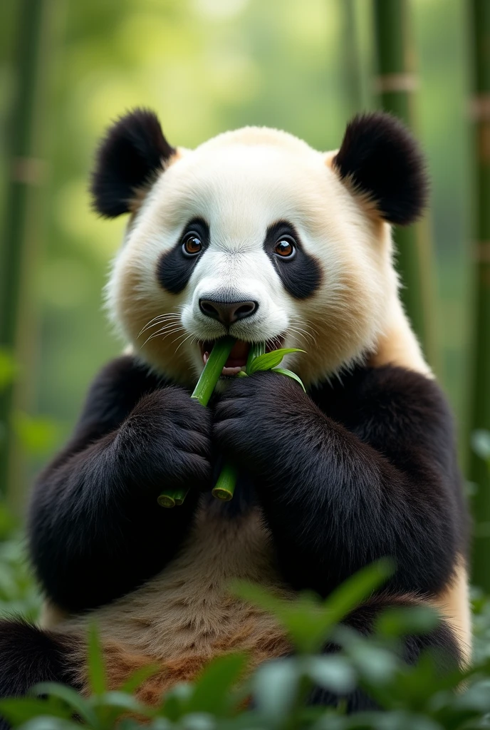 a beautiful panda bear eating bamboo in a bamboo forest, detailed panda face, detailed fur texture, photorealistic, (best quality,4k,8k,highres,masterpiece:1.2),ultra-detailed,(realistic,photorealistic,photo-realistic:1.37),HDR,UHD,studio lighting,extreme detail description,professional,vivid colors,landscape,green,natural lighting