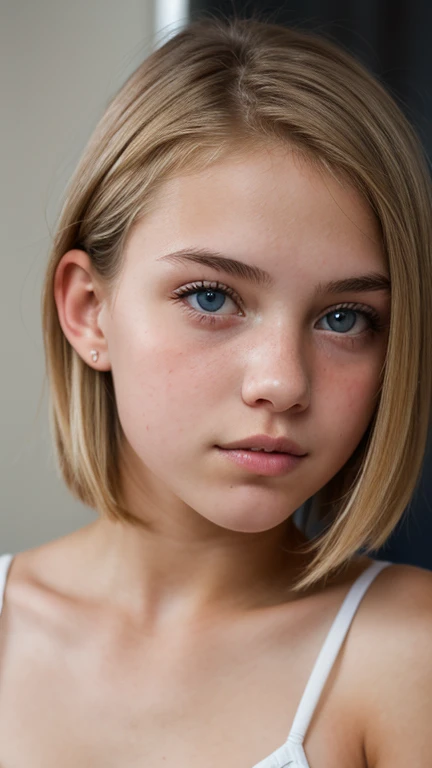 ((Ultra Detail)), Beautiful Art, (((18 yo blonde girl . Full lips. Eyes wide))). ((Very short hair)), high details, best quality, high school uniform, micro bikini