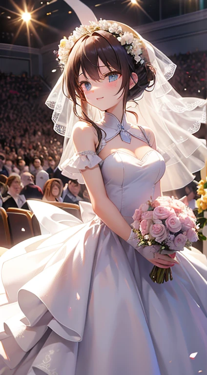 wedding gown,auditorium,Flying white doves,Holding a bouquet of roses,divino