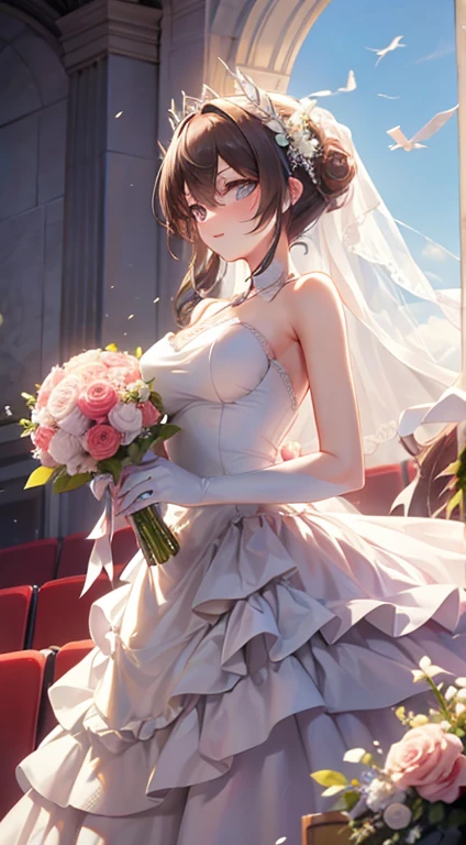 wedding gown，auditorium，Flying white doves，Holding a bouquet of roses，divino