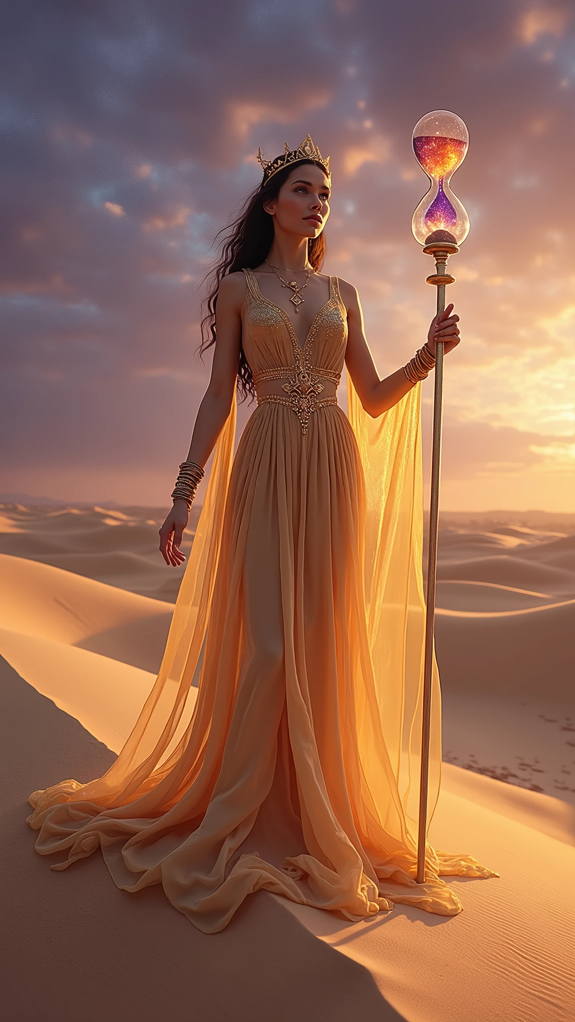 Imagine a regal queen who reigns over the timeless desert of the "Eternal Hourglass." She is tall and statuesque, with an aura of serene power that commands both respect and awe. Her flowing gown is made of shimmering, translucent fabric that seems to ripple like liquid sand in the breeze, its colors shifting from deep gold to twilight purple, reflecting the endless passage of time. Her skin glows with a soft, ethereal light, as if she is made of the very essence of the stars themselves.
The queen's eyes are deep pools of infinite wisdom, holding the reflection of countless galaxies and nebulae within them. On her forehead, she wears a delicate circlet of glowing, crystalline sand that constantly shifts and flows, never settling. In one hand, she holds a scepter made of a single, transparent crystal, inside which a miniature hourglass floats, its sands flowing upward rather than down, defying the very laws of time.
Around her neck, she wears a necklace with a large, glowing orb at its center—a perfect miniature of the vast hourglass that hovers in the desert. This orb contains a swirling galaxy, its light casting an ethereal glow over her form. As she moves, the ground beneath her feet shimmers with every step, leaving behind a trail of softly glowing footprints that slowly fade into the desert sands, as if time itself is gently erasing her presence.
Her expression is one of calm and infinite patience, as she watches over the passage of time and the shifting sands of her domain. She is both the guardian of the past and the keeper of the future, holding the balance of all existence within her grasp.
