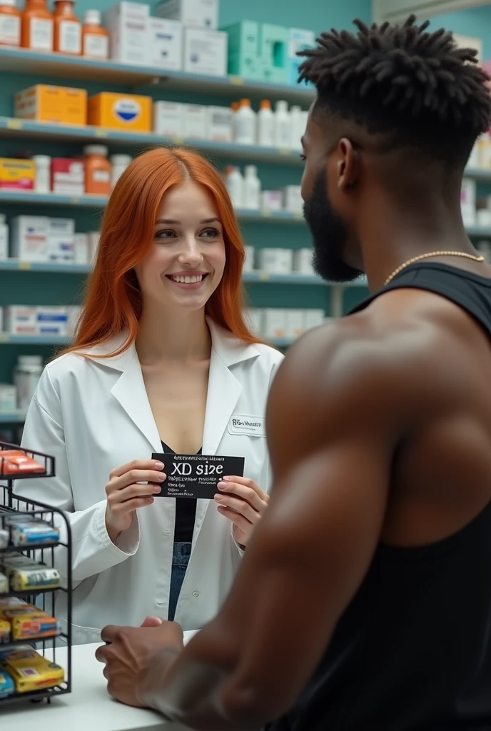 Magnificent detail, 8K Photos, hyper- realism, realistic background, visual depth, wide angle lens, professional light. {A beautiful 23 year old woman, natural redhead, white-skinned, pharmacist assistant, smiling, presenting an exclusive XL size condom rack to a muscular black alpha male.} {The shelf has various condoms and a sign that reads "XL size". The pharmacy has shelves and many medications.} {The redheaded woman is behind the counter wearing a traditional pharmacy lab coat, with the top buttons open. She also wears a low-cut shirt, highlighting the volume of her breasts. The woman has a beautiful face, sweet, comely. The man has his back to the photo, is masculine, manly, very big big, wearing a tank top that shows off his muscles.}
