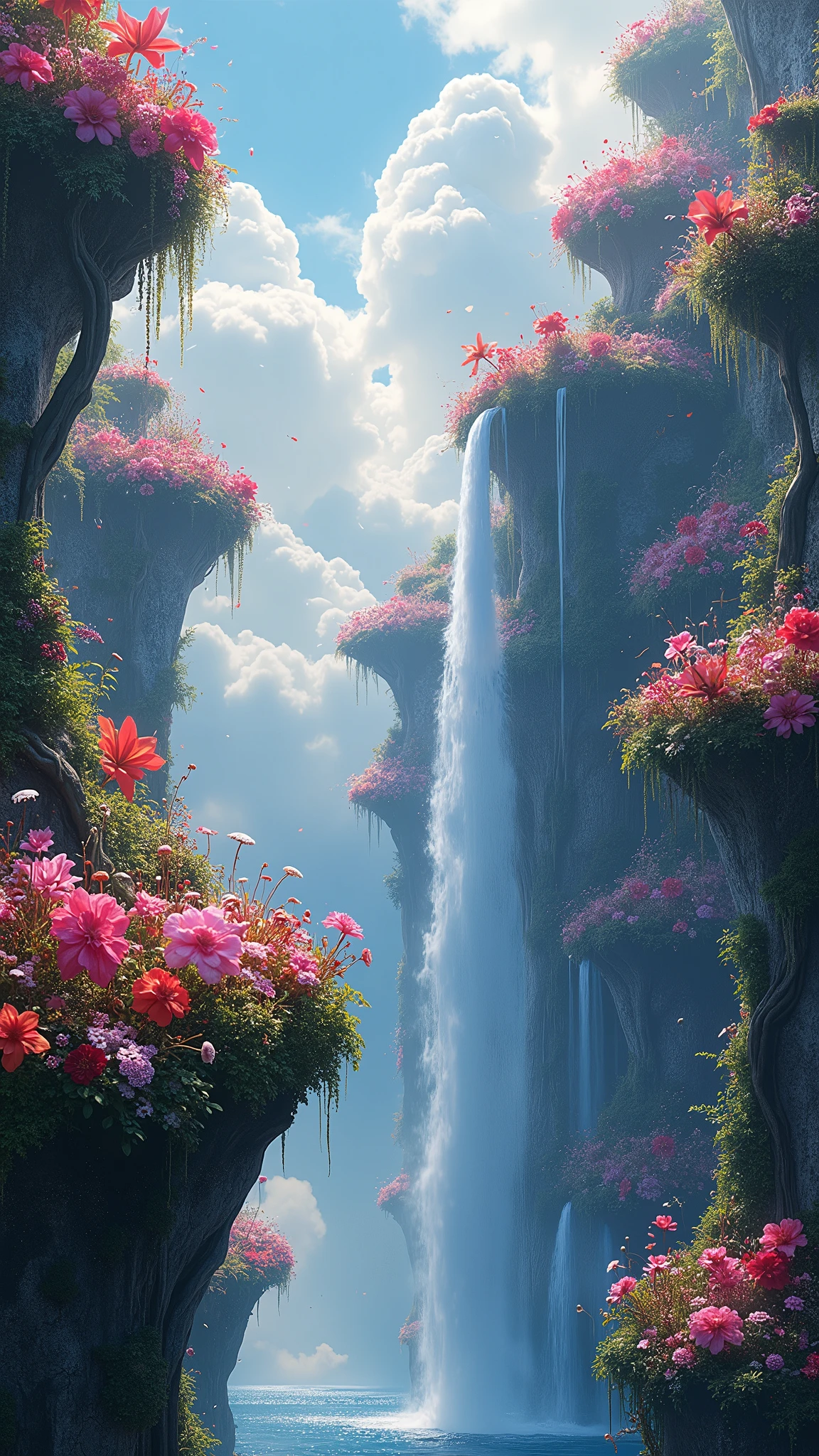 Imagine a garden floating high above the clouds, where gravity seems to have no hold. Massive, exotic plants grow in mid-air, their roots winding around invisible supports. The air is filled with colorful, glowing pollen that drifts like snowflakes, casting a soft light on the garden. In the distance, a waterfall cascades from one floating island to another, the water transforming into a mist of tiny, shimmering orbs that float upwards rather than down.