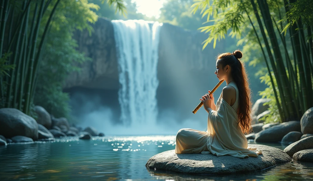 a picture of a (female monk: 1.2) sitting and playing in bamboo flute near a waterfall in a bamboo forest,  there is a human woman monk wearing monk garbs, (epic sized waterfall: 1.3), dynamic hair color, long hair, full body (best details, Masterpiece, best quality :1.5), ultra detailed face (best details, Masterpiece, best quality :1.5), ultra feminine (best details, Masterpiece, best quality :1.5), exquisite beautiful (best details, Masterpiece, best quality :1.5) dynamic hair color hair, long hair, wavy hair, pale skin, dynamic eyes color, intense eyes, water coming down from a volcanic cliff, she is sitting in a rich epic bamboo forest, clear water in many hues of blue and azure, it is the dawn of day, between night and day, the sun is rising, a time of meditation and serenity, bamboo forest background, fantasy art, photorealistic, D&D art, ultra best realistic, best details, best quality, 16k, [ultra detailed], masterpiece, best quality, (extremely detailed), ultra wide shot, photorealism, depth of field, hyper realistic painting, Cinematic Hollywood Film, Intense gaze