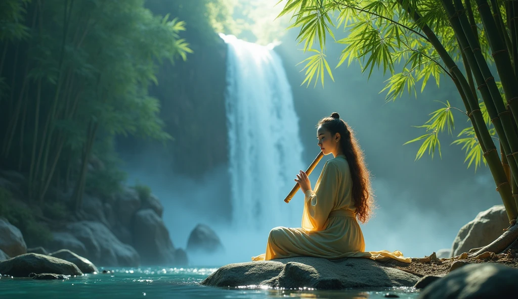 a picture of a (female monk: 1.2) sitting and playing in bamboo flute near a waterfall in a bamboo forest,  there is a human woman monk wearing monk garbs, (epic sized waterfall: 1.3), dynamic hair color, long hair, full body (best details, Masterpiece, best quality :1.5), ultra detailed face (best details, Masterpiece, best quality :1.5), ultra feminine (best details, Masterpiece, best quality :1.5), exquisite beautiful (best details, Masterpiece, best quality :1.5) dynamic hair color hair, long hair, wavy hair, pale skin, dynamic eyes color, intense eyes, water coming down from a volcanic cliff, she is sitting in a rich epic bamboo forest, clear water in many hues of blue and azure, it is the dawn of day, between night and day, the sun is rising, a time of meditation and serenity, bamboo forest background, fantasy art, photorealistic, D&D art, ultra best realistic, best details, best quality, 16k, [ultra detailed], masterpiece, best quality, (extremely detailed), ultra wide shot, photorealism, depth of field, hyper realistic painting, Cinematic Hollywood Film, Intense gaze