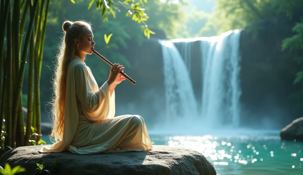 a picture of a (female monk: 1.2) sitting and playing in bamboo flute near a waterfall in a bamboo forest,  there is a human woman monk wearing monk garbs, (epic sized waterfall: 1.3), dynamic hair color, long hair, full body (best details, Masterpiece, best quality :1.5), ultra detailed face (best details, Masterpiece, best quality :1.5), ultra feminine (best details, Masterpiece, best quality :1.5), exquisite beautiful (best details, Masterpiece, best quality :1.5) dynamic hair color hair, long hair, wavy hair, pale skin, dynamic eyes color, intense eyes, water coming down from a volcanic cliff, she is sitting in a rich epic bamboo forest, clear water in many hues of blue and azure, it is the dawn of day, between night and day, the sun is rising, a time of meditation and serenity, bamboo forest background, fantasy art, photorealistic, D&D art, ultra best realistic, best details, best quality, 16k, [ultra detailed], masterpiece, best quality, (extremely detailed), ultra wide shot, photorealism, depth of field, hyper realistic painting, Cinematic Hollywood Film, Intense gaze