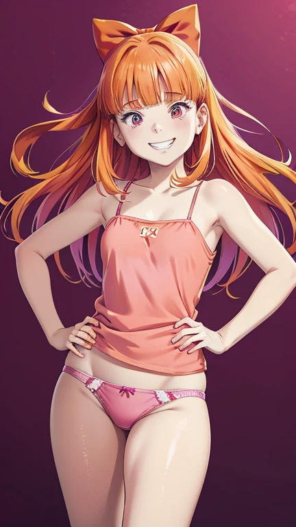 Pluto Anime Style、1girl, Blossom   、orange hair, blunt bangs, pink eyes, hair bow, red bow、(eye focus:1.3,face focus,cowboy shot),(gradient eyes:1.3),(camisole,　sexy,　panties)、open mouth,(grin:1.3),forehead, cute face、hand on own hip, 