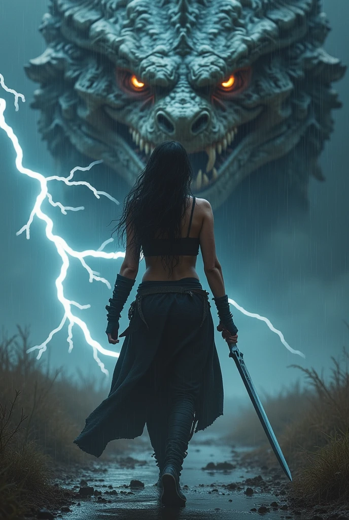 Imagine a realistic scene where a fierce woman is walking determinedly toward the viewer, holding a sword in her hand. The atmosphere is electrified by a thunderstorm raging around her, with lightning bolts illuminating the dark, stormy sky. Her expression is one of intense focus and determination, and her wet hair and clothes cling to her, revealing the strength in her stride. In the background, the angry face of a massive dragon looms through the storm, its eyes glowing with fury as it snarls, its presence amplified by the flashes of lightning that highlight its menacing features. The entire scene is a powerful depiction of strength, courage, and the looming threat of a fierce battle.