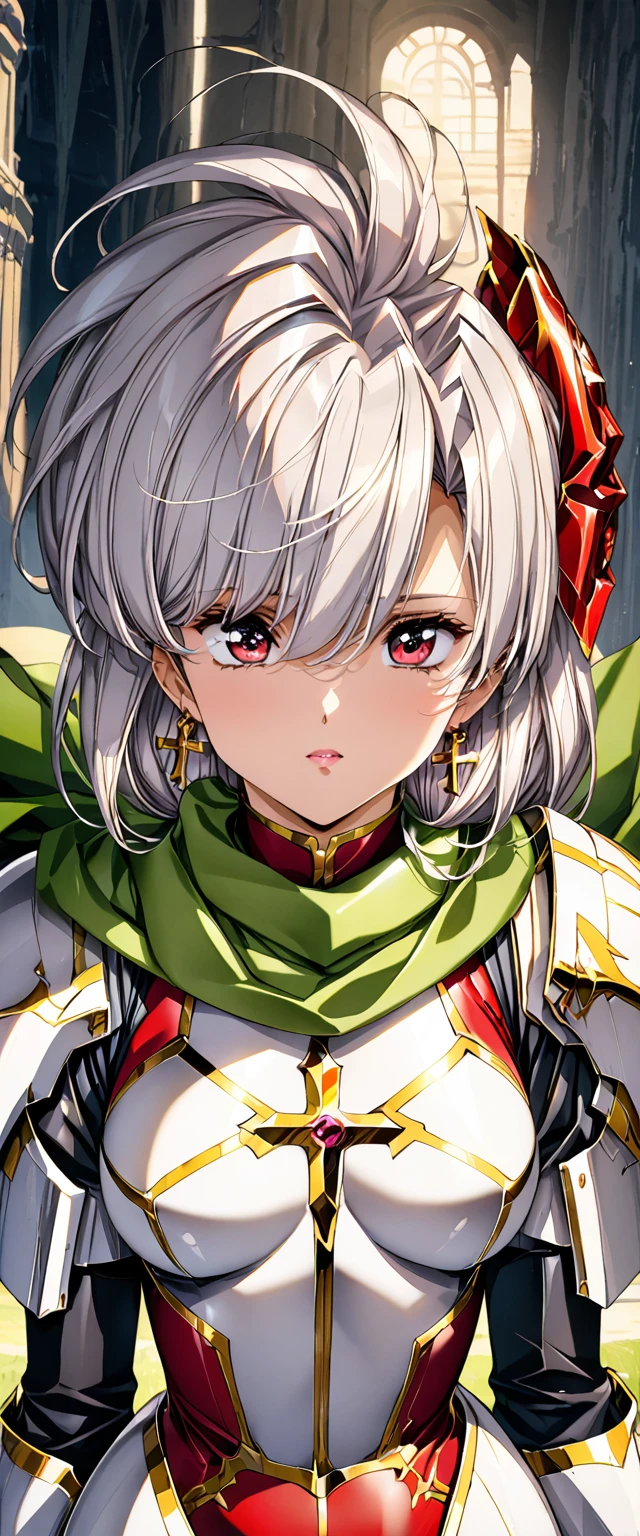 (Perfect Anatomy)、Mastepiece、Ultra High Quality、 8k、masterpiece、Highest quality、Ultra-high resolution、Maximum resolution、Very detailed、Professional Lighting、anime、woman、thin、Very beautiful face、Beautiful eyes、(Highly detailed eye)、Highly detailed face、White armor，Cross earrings，Gray Hair, hairs between eyes, Red eyes，White leotard、Gloss Lip、Pink Lips、grassland, full body, (((gun)))、Armored Dress、hair accessory、Golden pattern、big shoulder armor、High heel boots, green scarf、Random Pause、Beautiful attention to detail