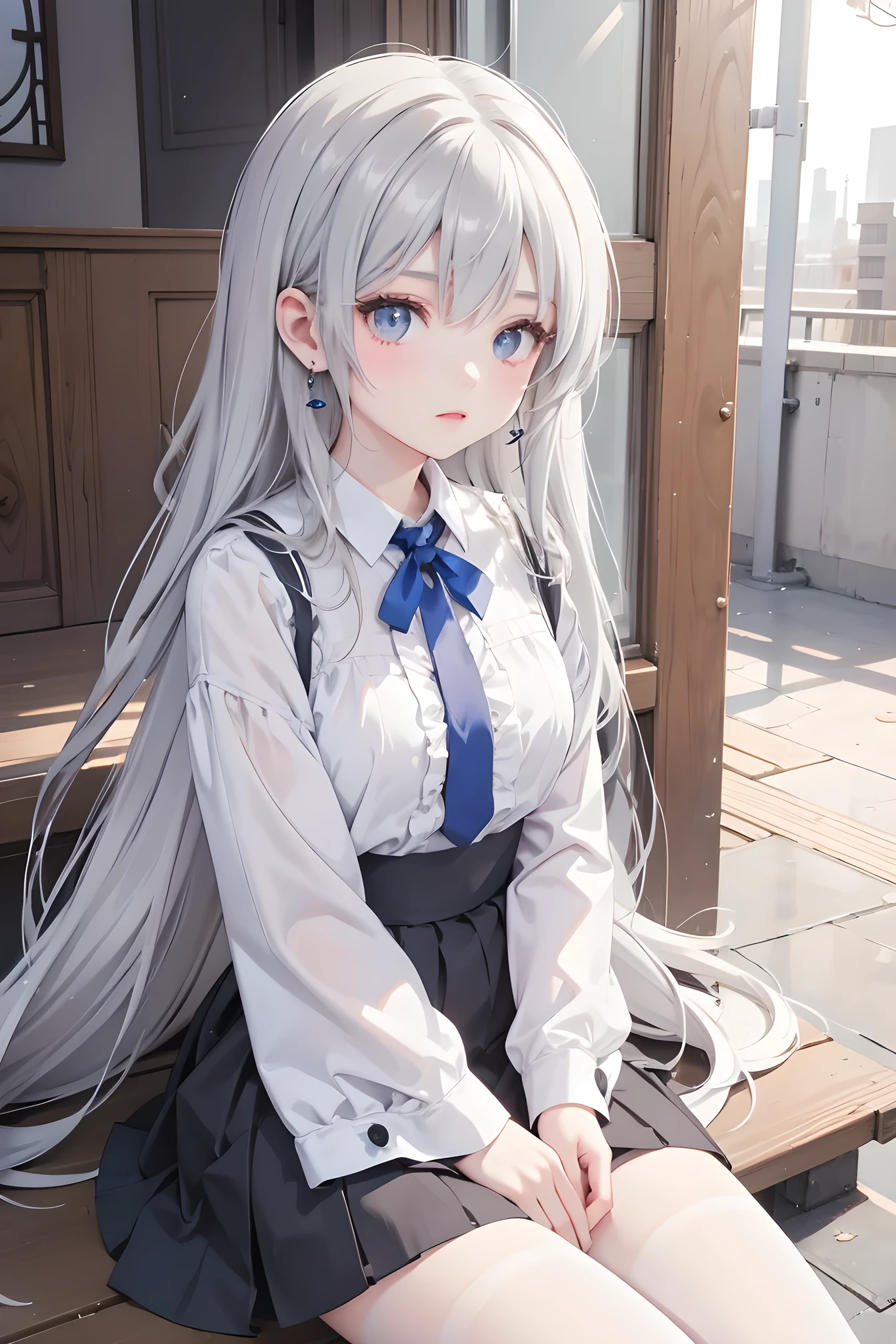 (masterpiece), Highest quality, Expressive eyes, Perfect Face, 1 girl, beautiful, nice, anime, girl, tradition, ph Bronya, 1 s, alone, Earrings, Long Hair, Gray Hair, Drill Hair, Grey Eyes, pantyhose, Sitting, Sitting on the ground, Keeping my feet on the ground, Hands between thighs, Place your arms between your legs, Place your arms between your legs, Place your hands between your legs, Place your hands between your legs