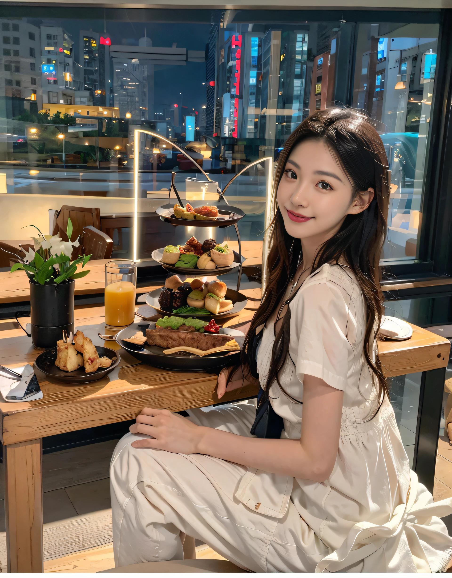 ，masterpiece, best quality，8K, Ultra-high resolution，Real light and shadow，(beautiful eyes:1.1)，Beautiful woman，Sitting at the table，A tray of food，Short sleeve，View from the window，Night view