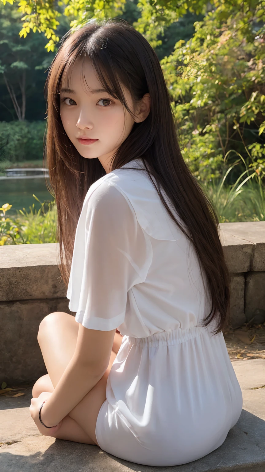 beautiful girl, one person's, Thighs, (Cropped Logo T-shirt:1.3, Low Rise Denim Hot Pants:1.3), (16 years:1.3), break, (classroom:1.2), break, Embarrassed laugh, Very beautiful eyes, (Symmetrical eyes:1.3), break, (D cup breasts:1.2), Brown eyes, Parted bangs, Brown bob cut hair, Round face, cute, break, (Eye and facial details:1.0), Spread your legs:1.3, Shooting from below, Pussy Line, Camel Toe, Looking into the camera, masterpiece, Highest quality, RAW Photos, Realistic, cute人々, Written boundary depth, High resolution, Very detailedな, In detail, Very detailed, Very detailed目と顔, Sharp pupils, Cinema Lighting