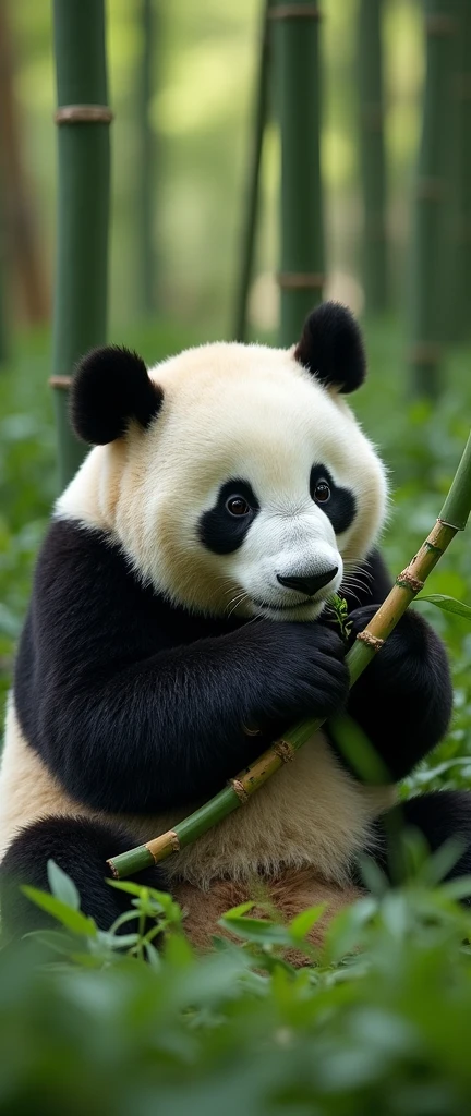 a beautiful panda bear eating bamboo in a bamboo forest, detailed panda face, detailed fur texture, photorealistic, (best quality,4k,8k,highres,masterpiece:1.2),ultra-detailed,(realistic,photorealistic,photo-realistic:1.37),HDR,UHD,studio lighting,extreme detail description,professional,vivid colors,landscape,green,natural lighting