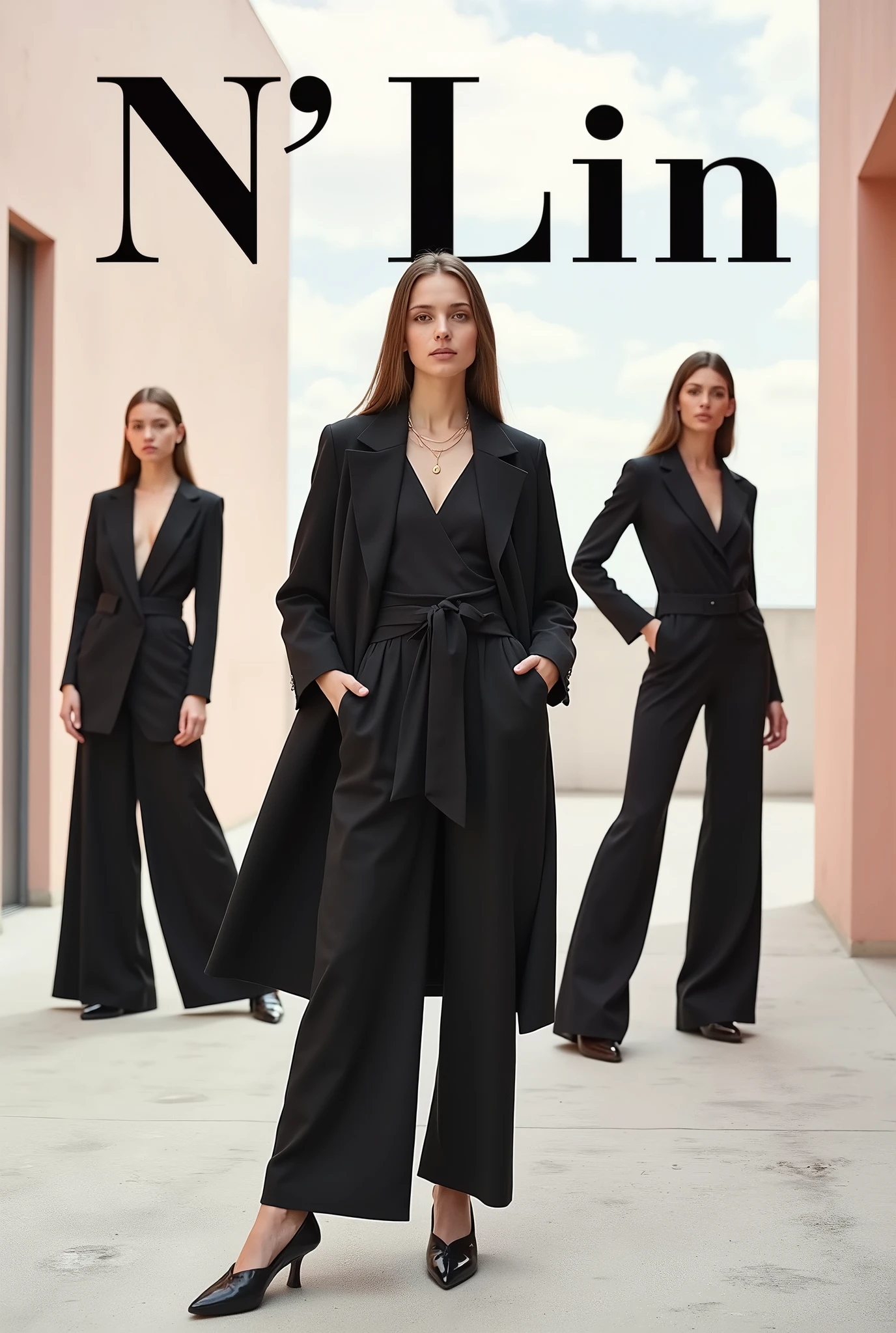 Create a fashion poster for the brand N'Lin, showcasing its chic and trendy style. The poster should appeal to young women aged 25-30, highlighting the brand's focus on fashionable and contemporary designs. Use a sleek and modern aesthetic with high-quality visuals that exude sophistication and style. Incorporate elements like bold typography, elegant models, and a clean layout that reflects the brand's identity as a leader in high-end fashion for young, stylish women. The overall design should convey a sense of exclusivity, confidence, and cutting-edge fashion.
