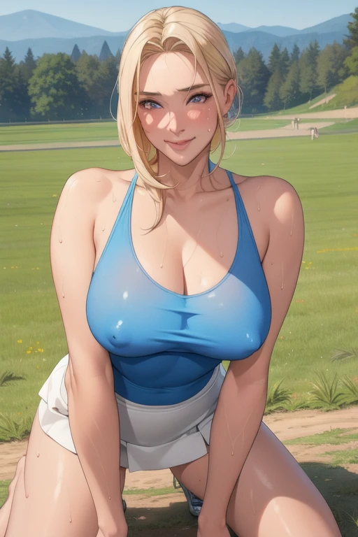 (masterpiece), (best quality), 1girl, (perfect face:1.2), (beautiful face:1.2), platinum blonde hair, happy, light smile, looking at viewer, pose,
Best Picture, Masterpiece, 4K, High Quality, One cool, mature woman.woman is on all fours in a grassy meadow. A large dog is holding her back. Silk underwear. A complete body. Perfect hands and legs. Beautiful body, beautiful legs. Beautiful hands. Perfect body, perfect legs. Perfect hands. Cowboy shot
Woman's sweaty, wet, scantily clad, visible breasts and erect nipples. Sweat is soaking through.
The woman blushes and smiles mischievously.
One cool, mature woman and one big dog. Tank top, hot pants.
(A very short skirt).