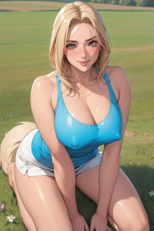 (masterpiece), (best quality), 1girl, (perfect face:1.2), (beautiful face:1.2), platinum blonde hair, happy, light smile, looking at viewer, pose,
Best Picture, Masterpiece, 4K, High Quality, One cool, mature woman.woman is on all fours in a grassy meadow. A large dog is holding her back. Silk underwear. A complete body. Perfect hands and legs. Beautiful body, beautiful legs. Beautiful hands. Perfect body, perfect legs. Perfect hands. Cowboy shot
Woman's sweaty, wet, scantily clad, visible breasts and erect nipples. Sweat is soaking through.
The woman blushes and smiles mischievously.
One cool, mature woman and one big dog. Tank top, hot pants.
(A very short skirt).