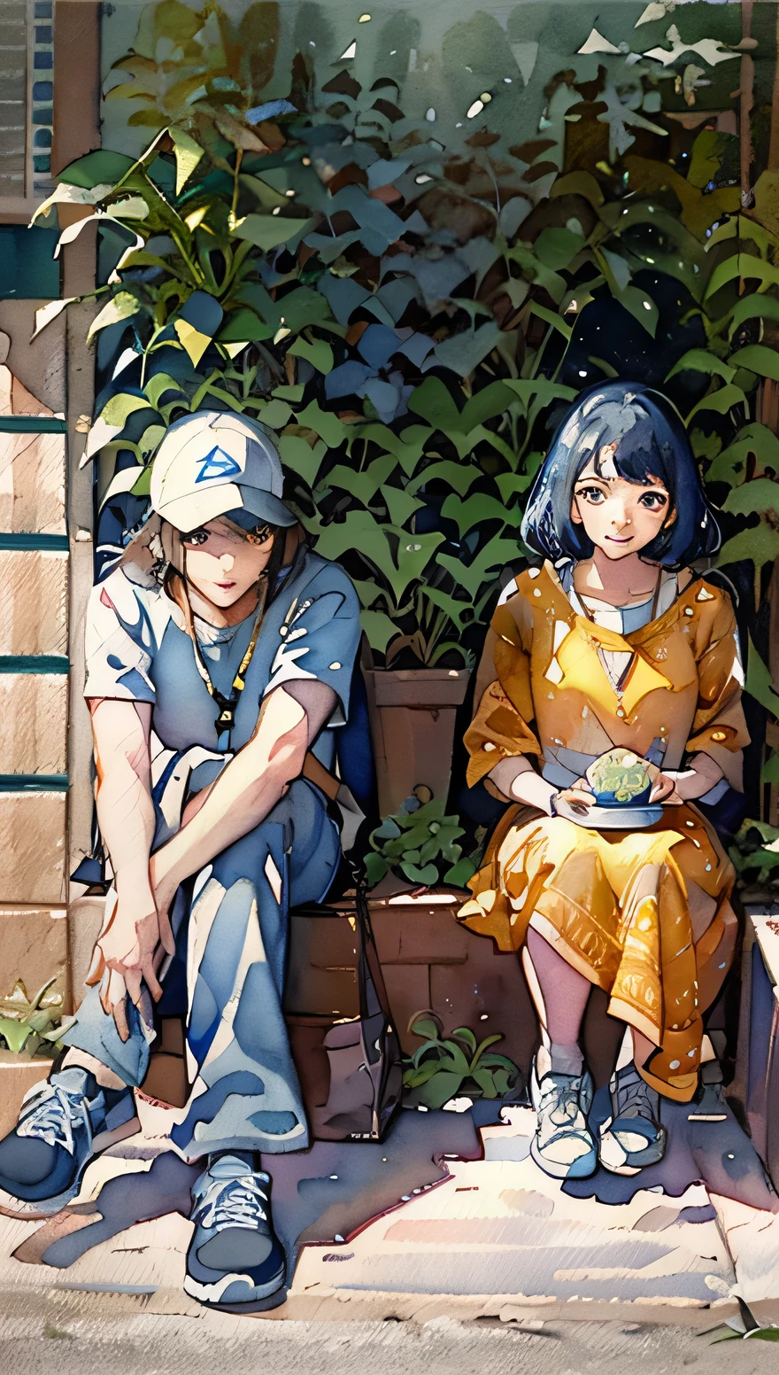 there are two people sitting on the curb next to a tree, profile pic, moebius and tsutomu nihei, ayami kojima and yoshitaka amano, ayami kojima and greg rutkowski, zeen chin and terada katsuya, jamie hewlett and ayami kojima, on a sunny day, fiona staples and kinu nishimura, (Masterpiece), (best detail), (Best quality), (((aquarelle))), Watercolor background, cheerfulness, Young and good-looking, (Vintage background)