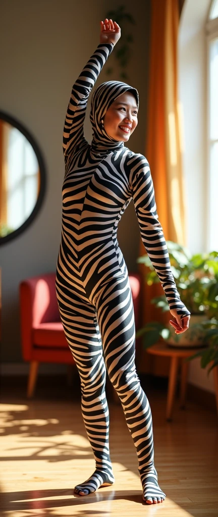 The beautiful taiwan contortion adult girl with beautiful cheeks wears zebra print full lycra dancewear turtleneck unitard catsuit and zebra print lycra elastane dancewear hijab-like hood.She is happy at home to practice contortion performance.