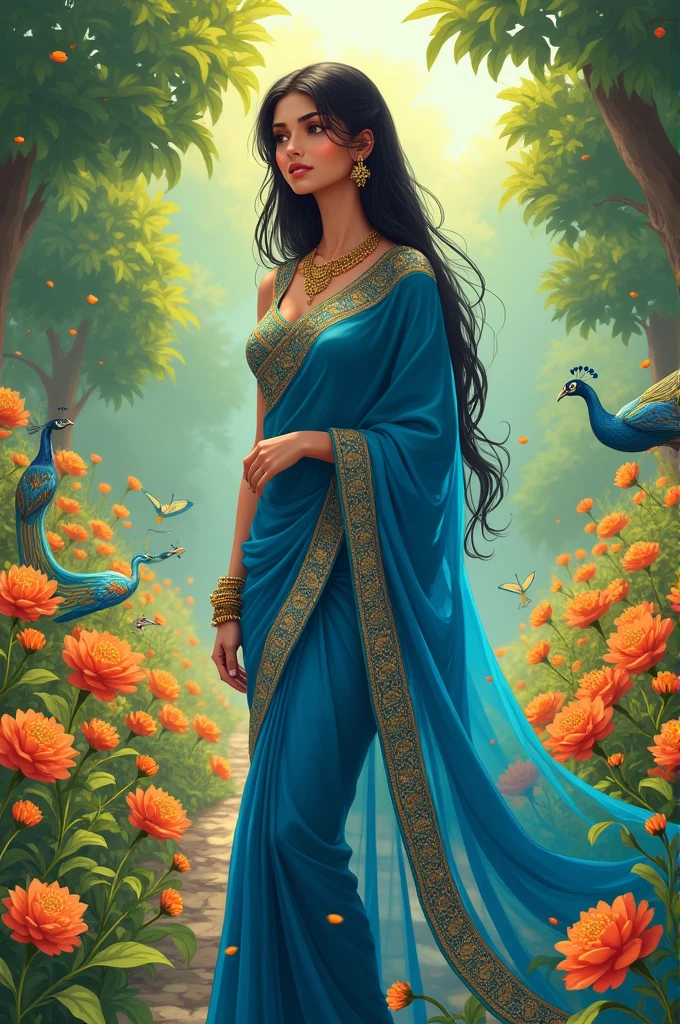 Indian women in blue saree. Black hair. Fair skin tone. Anime style.