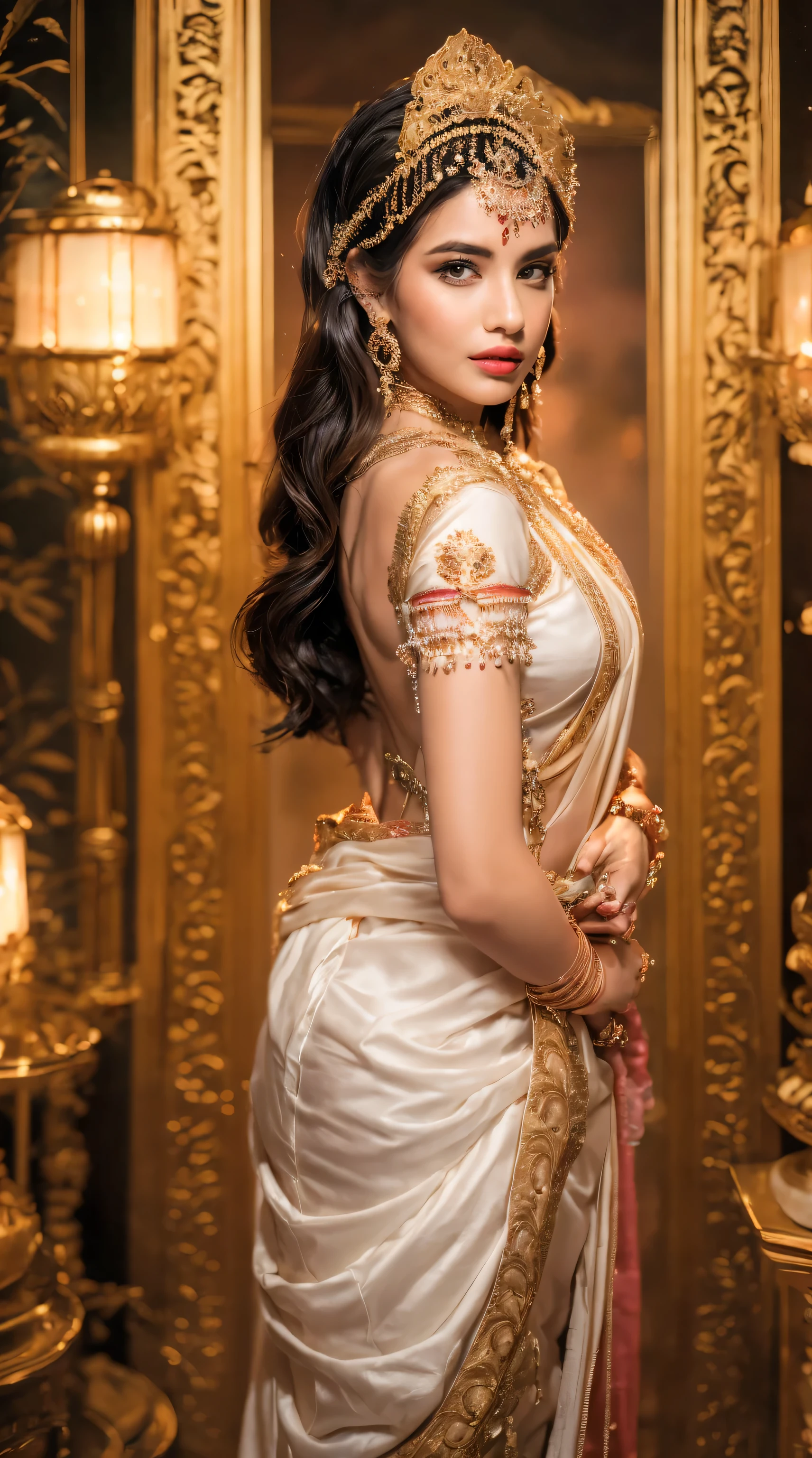 ((Best quality, 8k, Masterpiece :1.3)), Sharp focus :1.2, Generate a realistic image of a beautiful sexy Indian woman dressed in a white Kasava saree, adorned with traditional ornaments, standing in a well-lit room with cinematic lighting. ((Front view, random elegant pose)), and there is a sense of grace and elegance in her posture. The background should complement the scene, enhancing the overall aesthetic appeal of the image. Photography by Brandon Woelfel, Full shot: Canon EF 16-35mm f/2.8L III USM lens on a Canon EOS 5D Mark IV camera, ultra realistic, 32k, HD