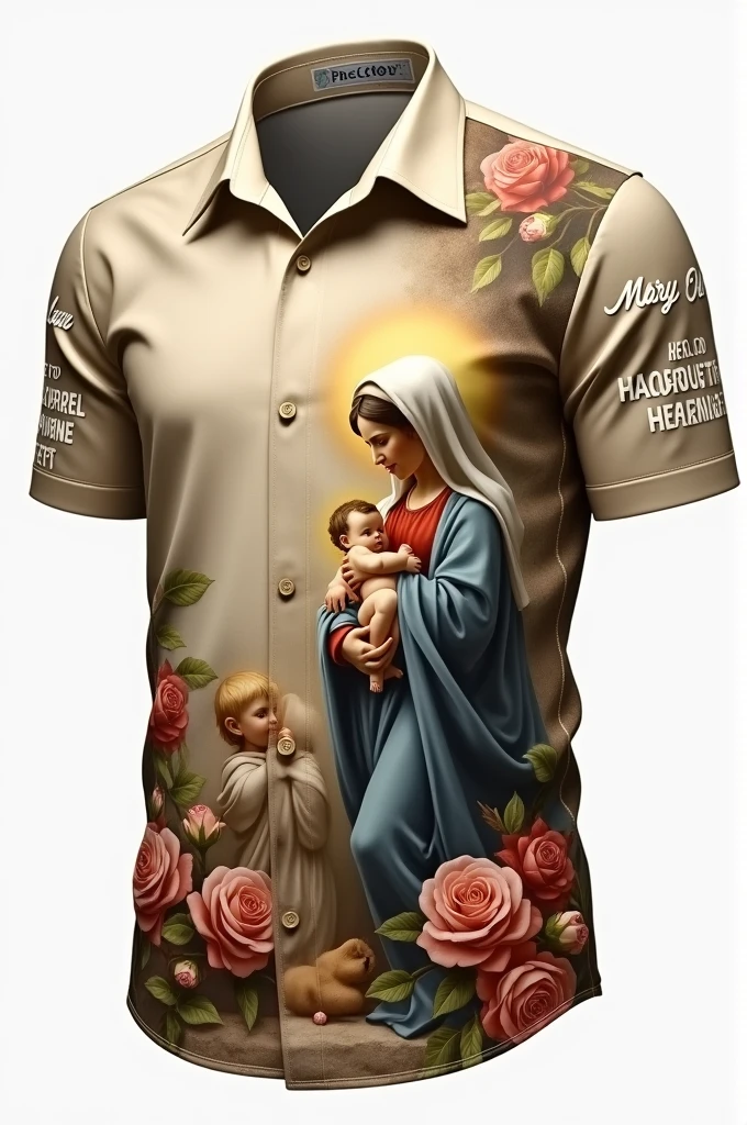 
personalized shirt of Our Lady of Nazareth, with roses on the right side and the image of Nazareth on the left within a third, and with the theme: Mary, our mother, help us to contribute to true fraternity 
in white on the sleeves and beige on the front, with short sleeves