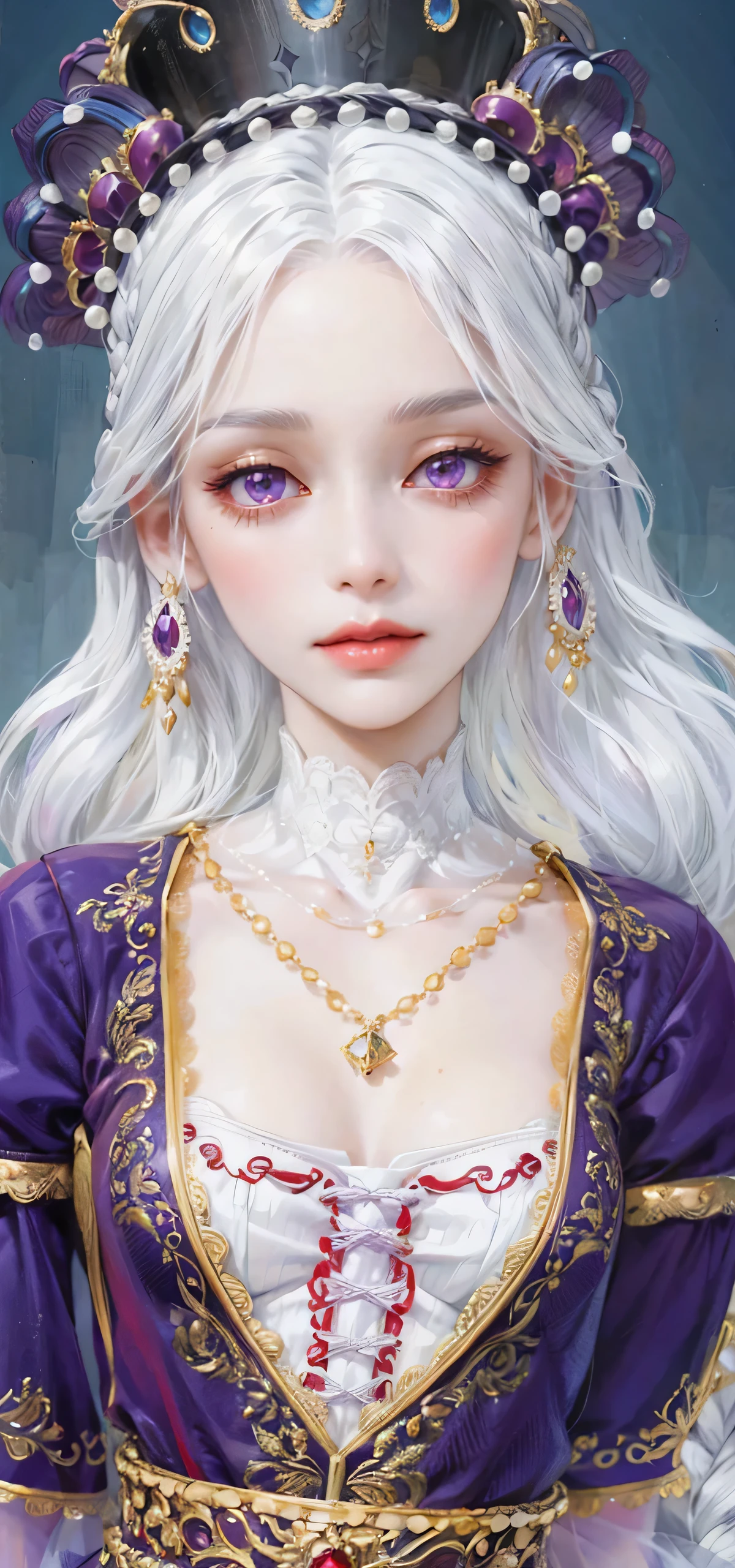 (masterpiece, top quality, best quality, official art, enchanting and aesthetic:1.2), 1female, white silver hair, royal braided hair, violet eyes, white and red dress, red and gold jewelry, high quality details, 4k eyes, white hair, silver white hair, long hair