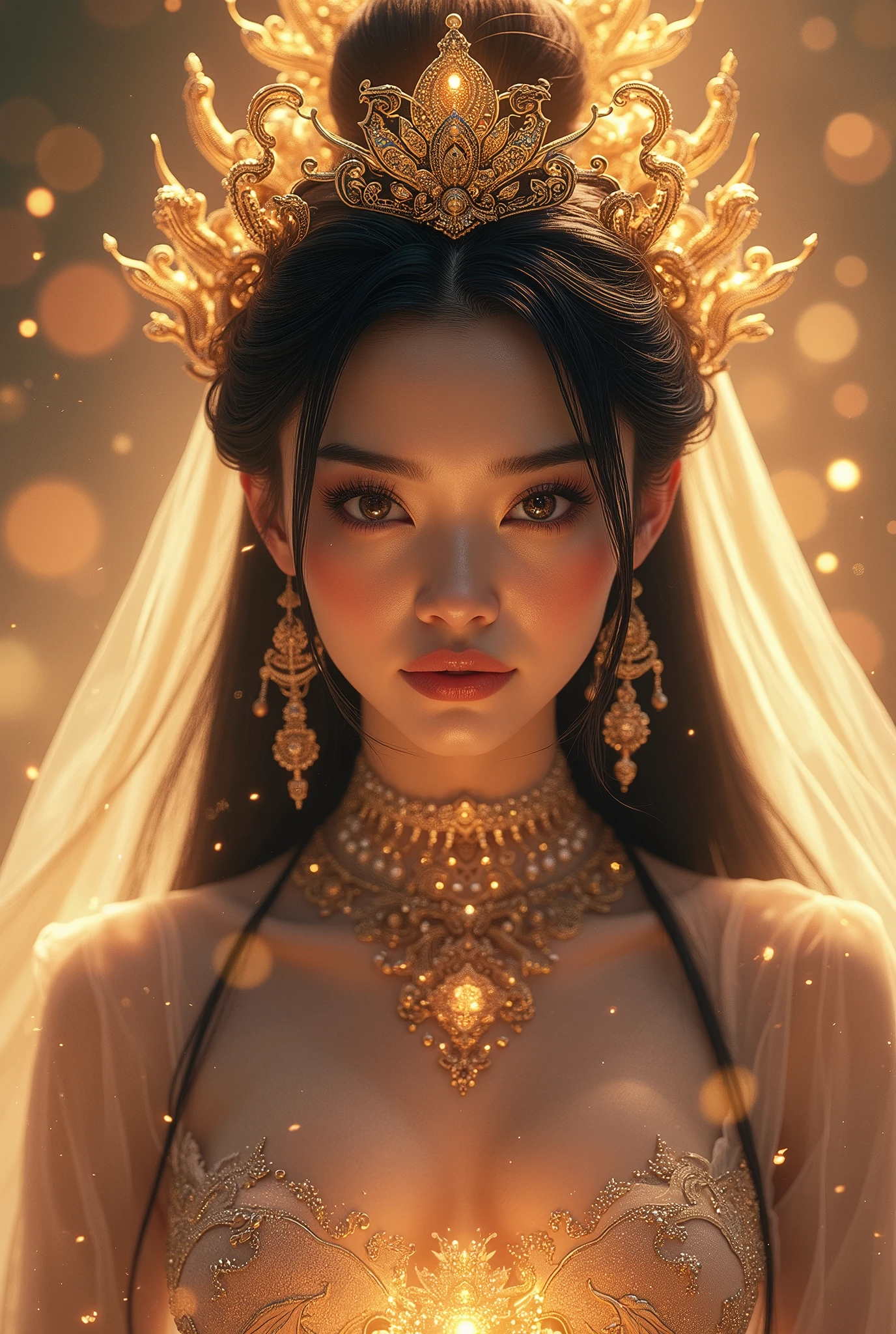super detailed, realistic, vietnamese goddess, gorgeous detailed eyes, gorgeous detailed lips, shiny black hair, big and beautiful breasts, sparkling ornaments, mysterious aura, sublime beauty, elegant posture, divine light, powerful presence, Surrounding Heaven, bright colors, fairy-tale atmosphere, brilliance, calm expression, transcendent energy, supreme being, legendary figure, queen of heaven, spiritual empowerment, liberated god, Great Goddess, Divine Feminine, unparalleled elegance, Majestic presence, captivating gaze, magical atmosphere, peaceful tranquility, Inspiring brilliance, God's grace, majestic power, eternal silence, Magical amulet, Goddess of Heaven, enchanting beauty, sublime perfection, dreamy atmosphere, enchanting beauty, heavenly divinity