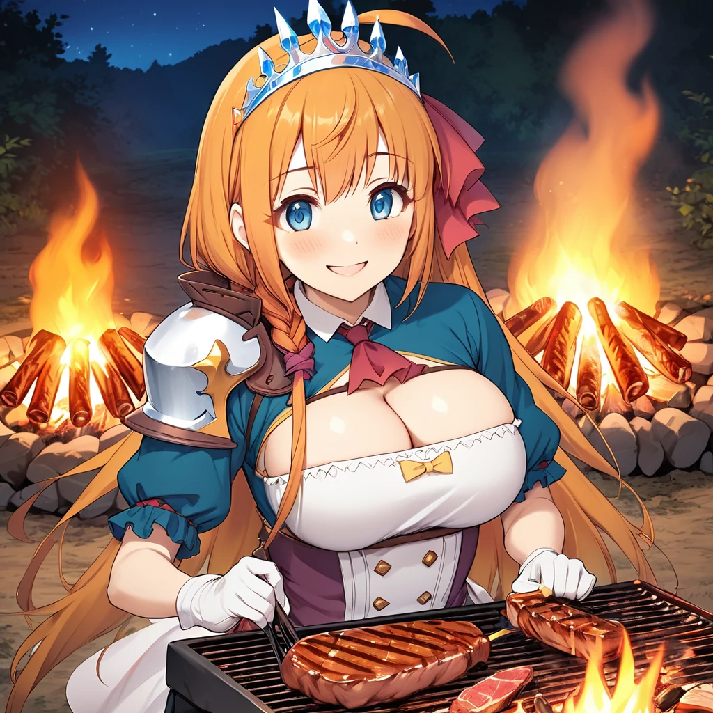 One Girl, Pecorine, princess connect!, orange long hair, ahoge, Blue Eyes、tiara, hair ribbon, cleavage, breasts, gloves break masterpiece、Beautiful attention to detail:1.2, Perfect lighting, (perfect hand, perfect anatomy), Precise depiction、Vibrant colors、 night、Grilling meat from a manga on a bonfire、Camp、A big smile