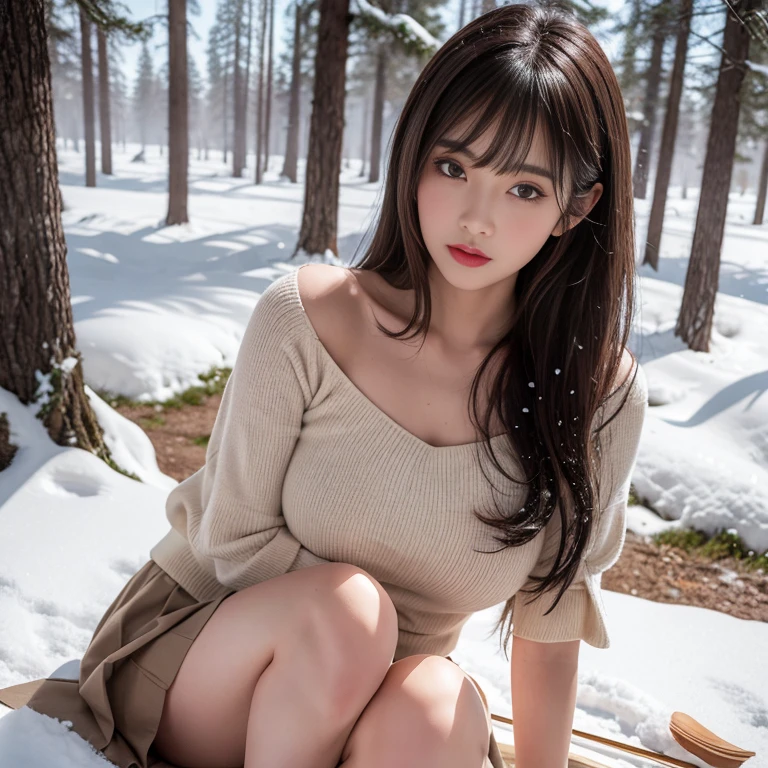 long skirt,skirt, (knee shot), 1 woman, On the face, light brown hair, blunt bangs, hair behind ears, Hair over the shoulders, long hair, Slender body type, Super thin face, face slimming, delicate lips, beautiful eyes, Thin blush, Eyes are light brown,Check it out here, (realistic:1.3), There is a coniferous forest with heavy snow., It's snowing .One person's perspective, 8k, On the table, north african trade zone, Super detailed, high quality, best quality, High resolution,