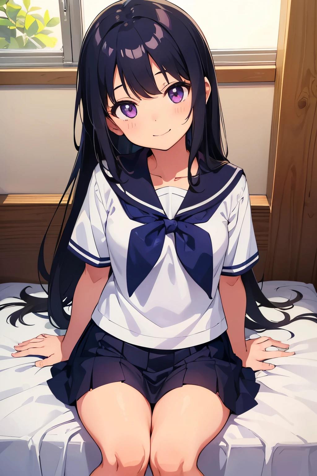 Girl's room Elementary school student, , toddler, flat chest, black hair, long hair, purple eyes smile White short-sleeved sailor uniform top Navy blue mini skirt White panties Girls' Shorts barefoot ((I can see her panties)) Lying in bed Dynamic angle: Angle seen from directly above