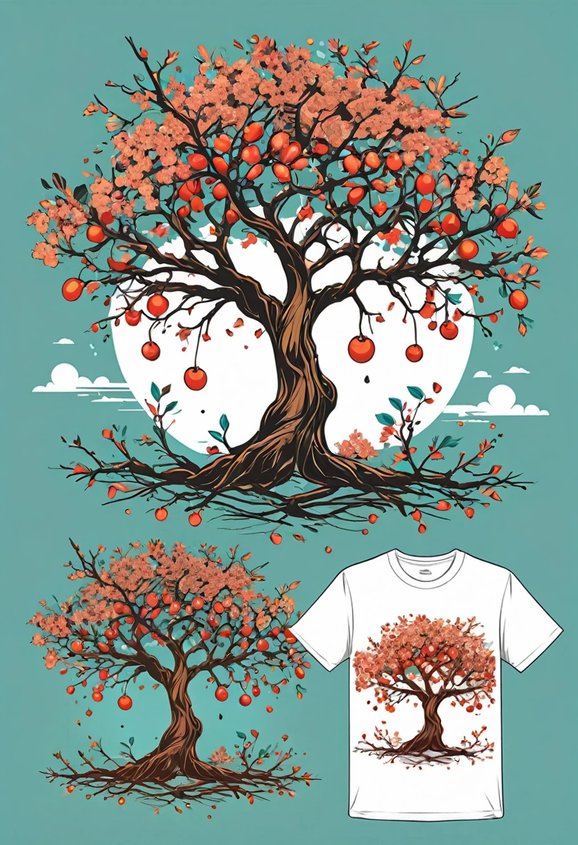 Trunk of a tree and branches without leaves and without fruits, T-shirt design, rzminjourney, vector art