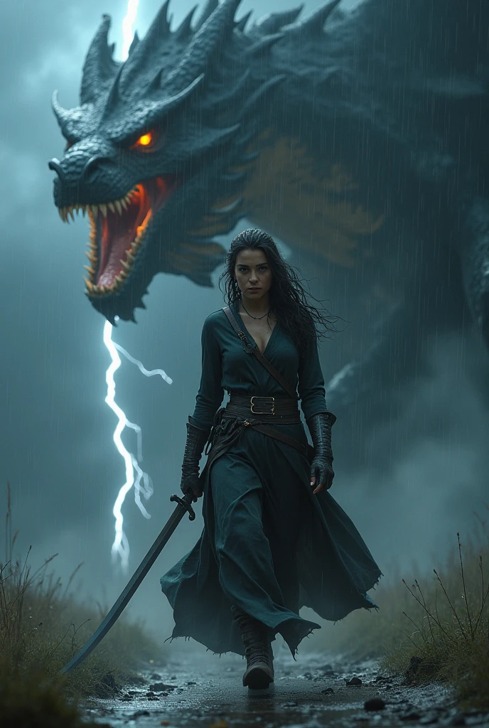 Imagine a realistic scene where a fierce woman is walking determinedly toward the viewer, holding a sword in her hand. The atmosphere is electrified by a thunderstorm raging around her, with lightning bolts illuminating the dark, stormy sky. Her expression is one of intense focus and determination, and her wet hair and clothes cling to her, revealing the strength in her stride. In the background, the angry face of a massive dragon looms through the storm, its eyes glowing with fury as it snarls, its presence amplified by the flashes of lightning that highlight its menacing features. The entire scene is a powerful depiction of strength, courage, and the looming threat of a fierce battle.