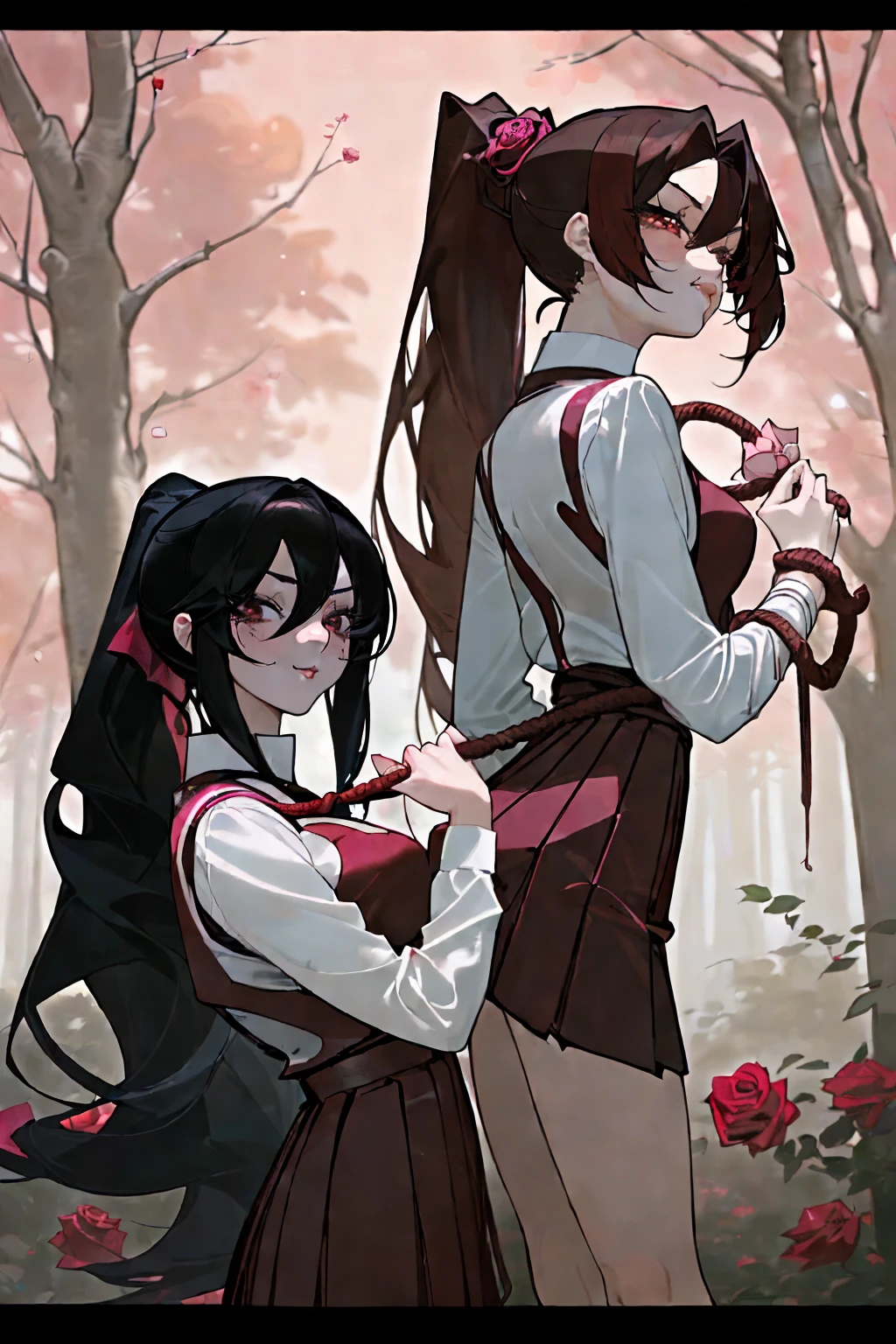 A beautiful woman in a red school uniform wielding a rose whip and another beautiful woman in a red school uniform tightly bound to a tree with rope. Two beauties, one with long black hair in a ponytail, the other with pink-brown bobbed hair. anime Beautiful woman sexy girl Sensuous scene Aesthetic Beautiful World of roses Beautiful and sensual anime art Masterpiece Accurate expression Face of a gravure idol Joyful expression Gravure idol face kawaii Perfect face Duo Two people
