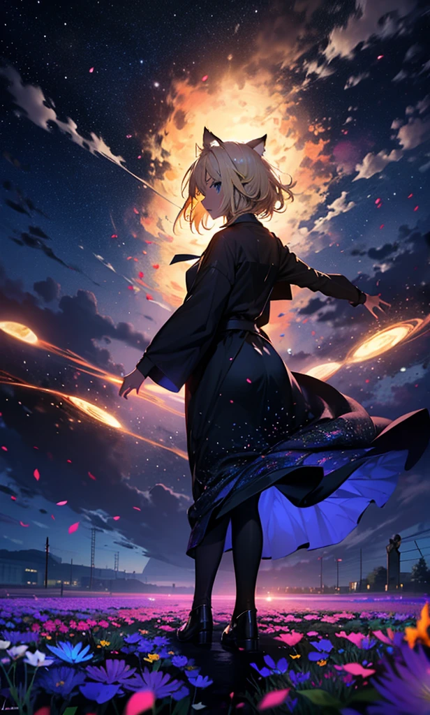 1people々々,Woman with medium length blonde hair,Cat ear,Long coat,Takageta, Dress Silhouette, Rear View,Space Sky, Flower Field,Countless meteor showers,Colorful flowers,Dancing Petals,