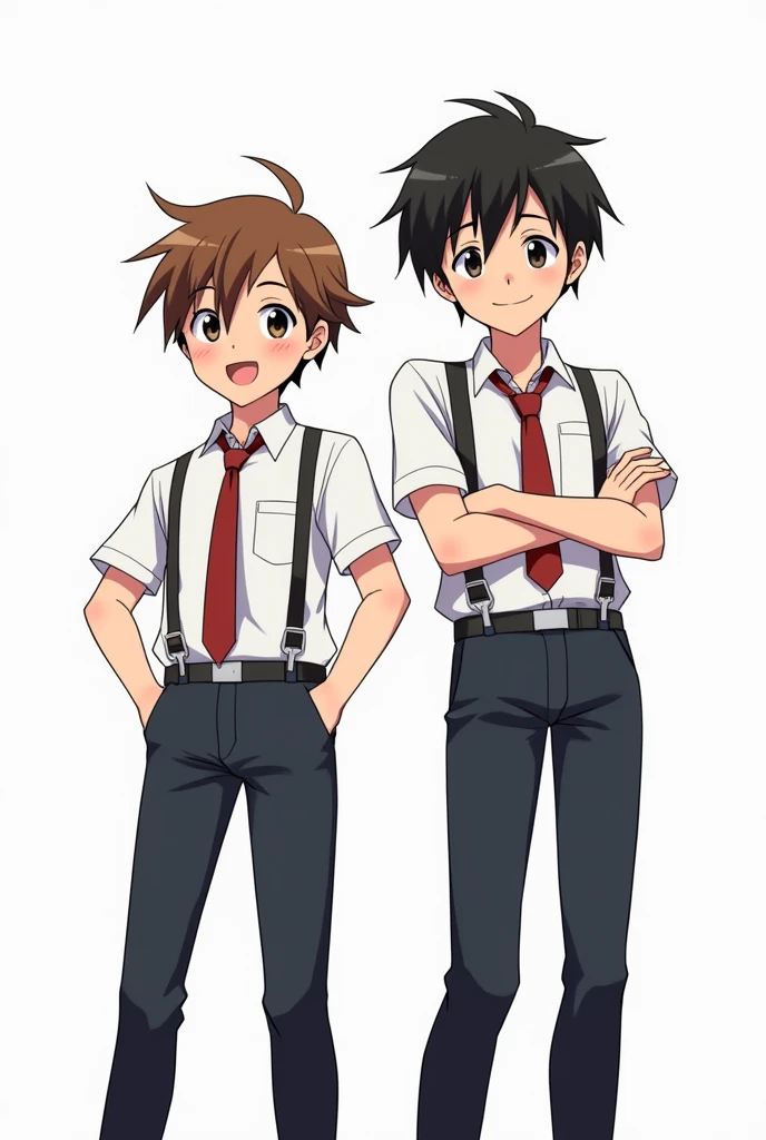 Comic Cover，White background，Two high school students，A very cheerful boy with a smile，brown hair, his hair is smooth and has a bit of a cowlick.，A dull cute，Cold expression，Black short hair，with a forelock，They stand together，Wearing school uniform，Full body picture，Vision