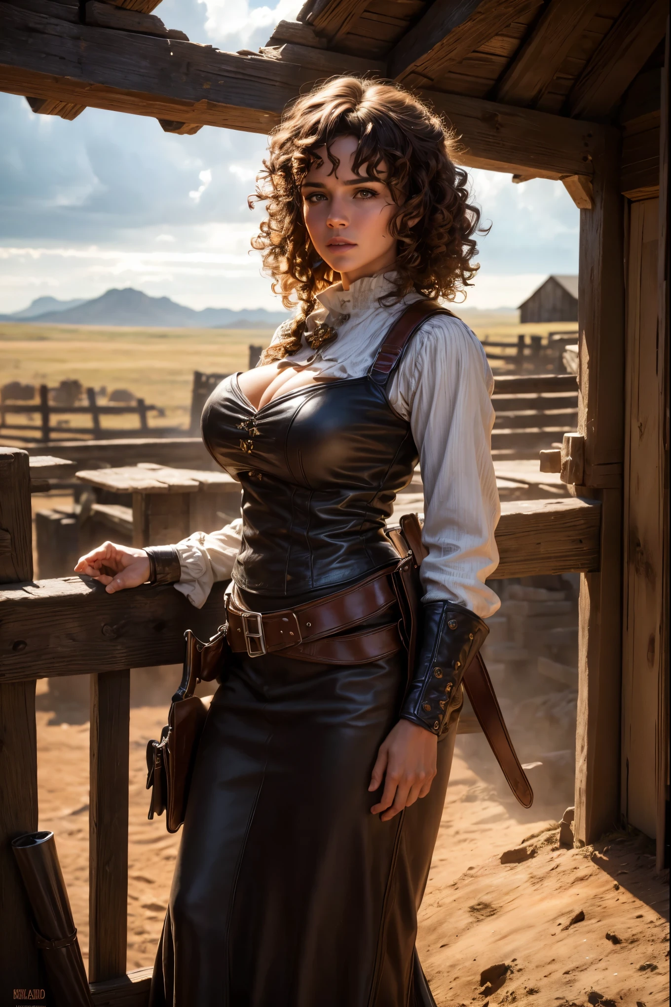 a woman with curly brown hair, large breasts, dressed as a gunslinger from the Old West, in front of a stable, (best quality,4k,8k,highres,masterpiece:1.2),ultra-detailed,(realistic,photorealistic,photo-realistic:1.37),detailed face, detailed eyes, detailed lips, long eyelashes, cinematic lighting, dramatic lighting, warm color palette, intricate details, cinematic composition, dynamic pose, western-style clothing, leather holster, six-shooter revolver, old wooden barn, dusty prairie landscape, dramatic sky