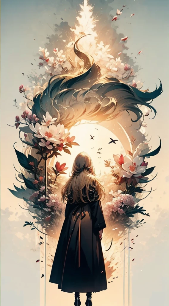 １people,Blonde long-haired woman，Long coat， Dress Silhouette， Rear View，Space Sky, Magnolia flower field