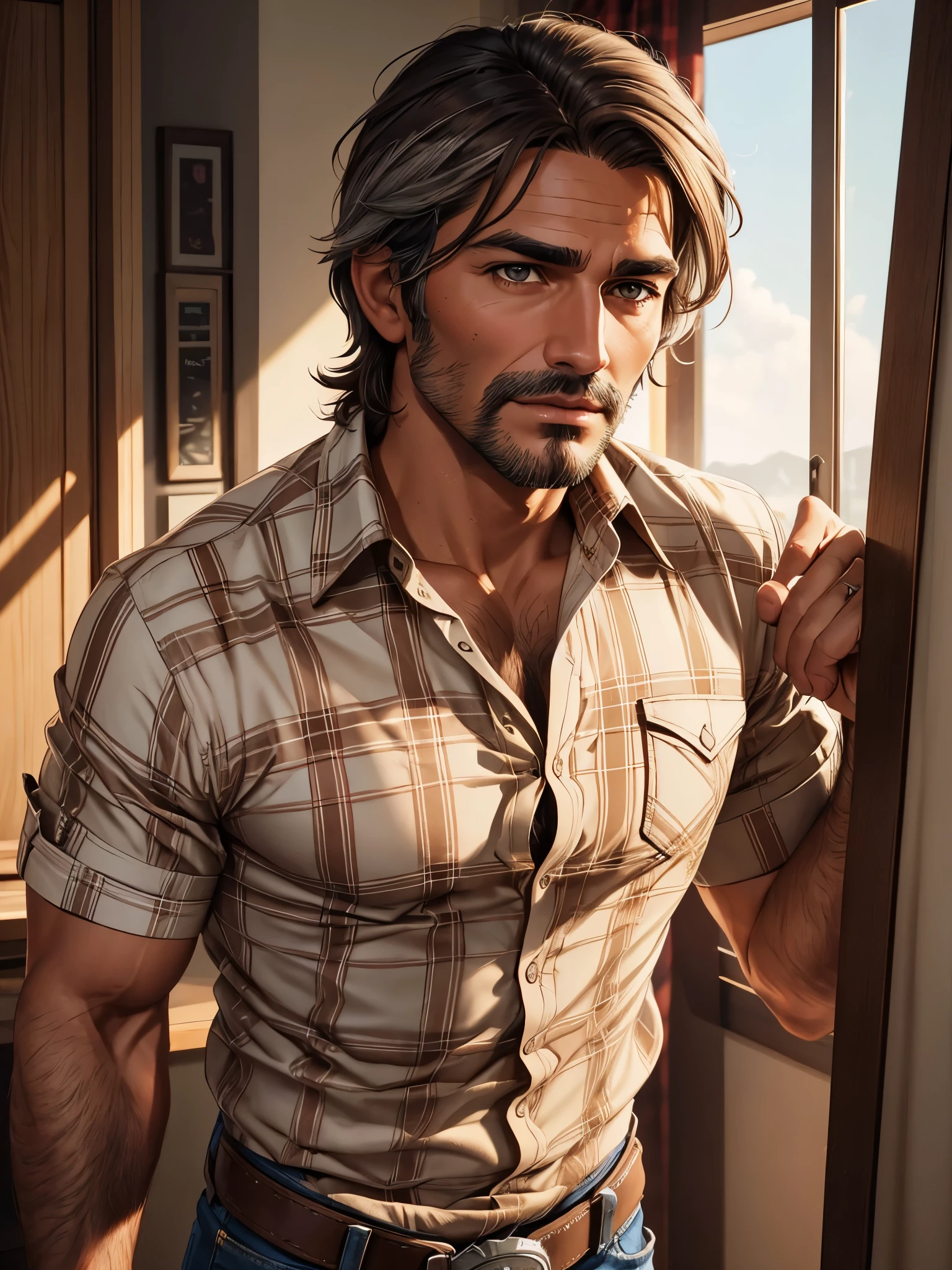 (best quality), 1boy, Male, mature, older, tanned skin, brown hair, silver streaks, short hair, curtain hair, brown eyes, McCree, stubble, strong jawline, broad, daddy, (plaid shirt), hairy, masterpiece, anatomically correct, highres
